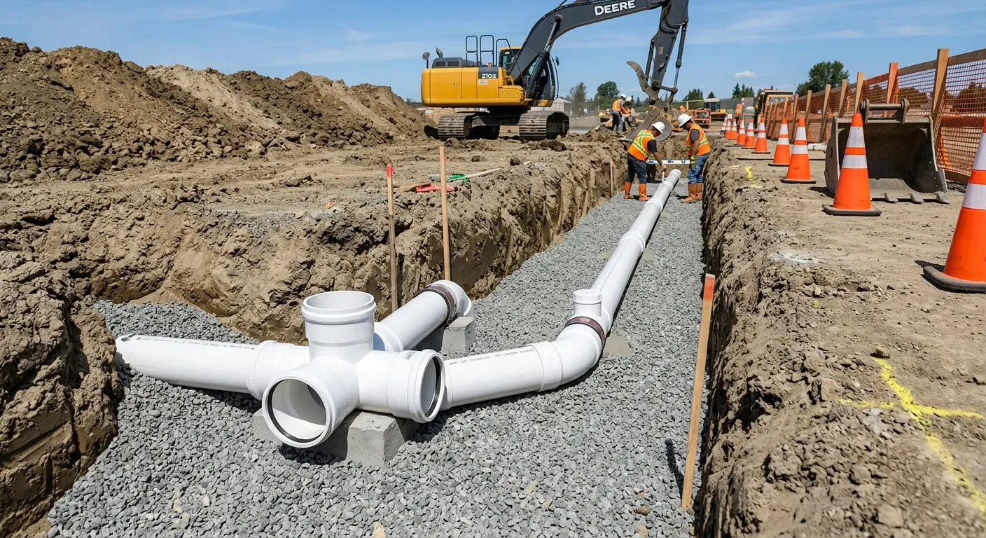 New PVC sewer pipe installation in open trench for Commercial Drain Cleaning in EspaÃ±ola
