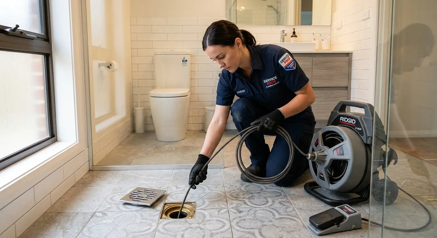 Technician clearing a bathroom floor drain for Sewer Line Replacement in EspaÃ±ola